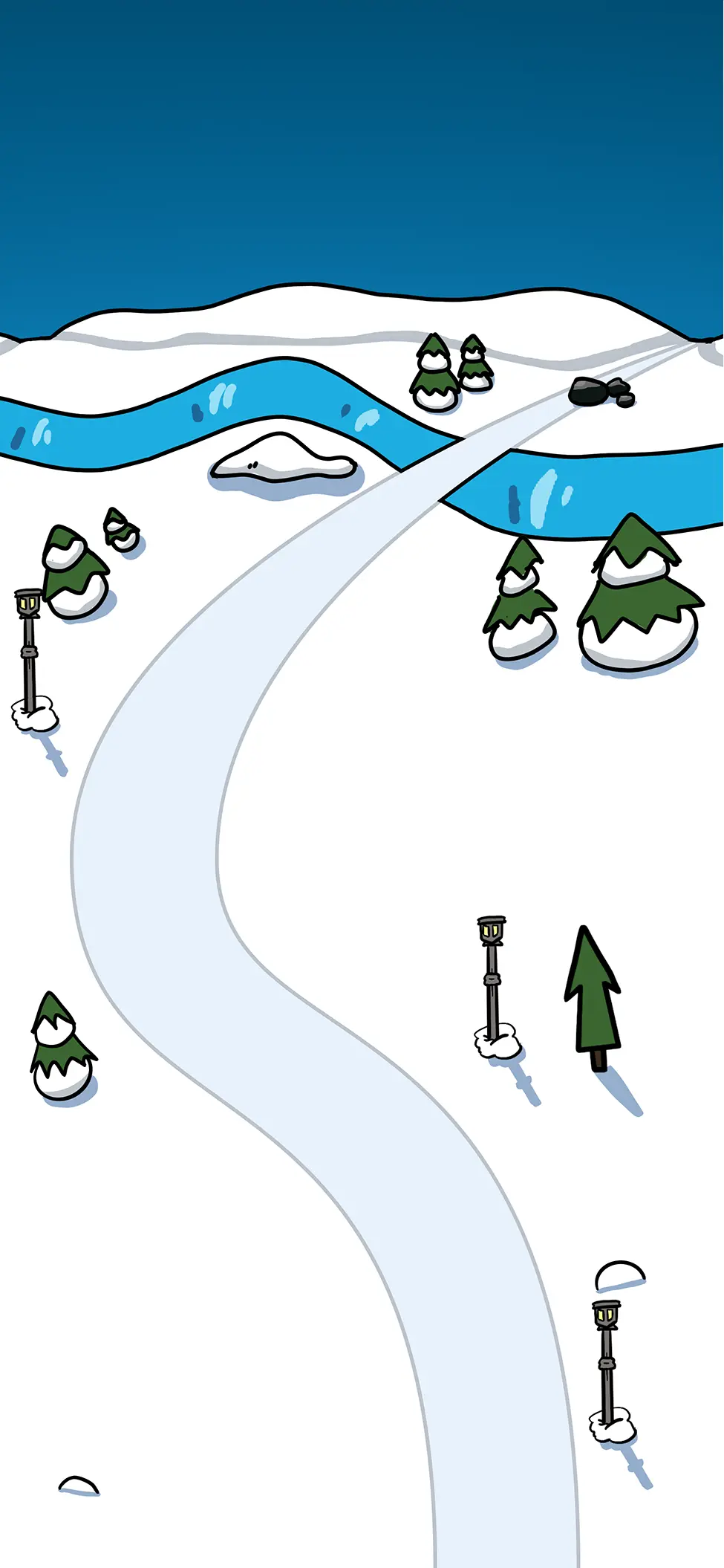 a windy cartoon winter road with trees, snow piles, and old-fashioned lamp posts