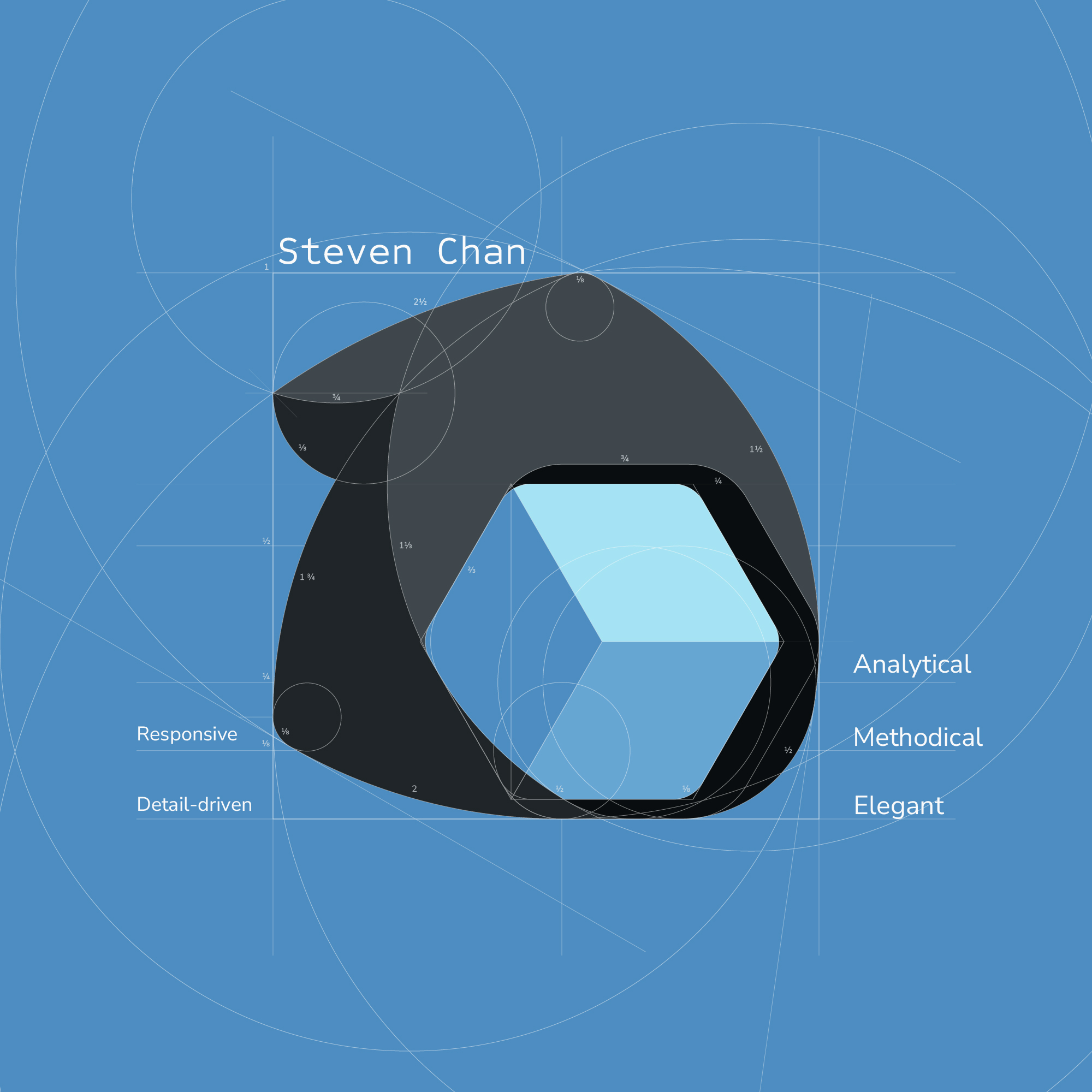 a stylized blueprint of Steven's logo and ethos
